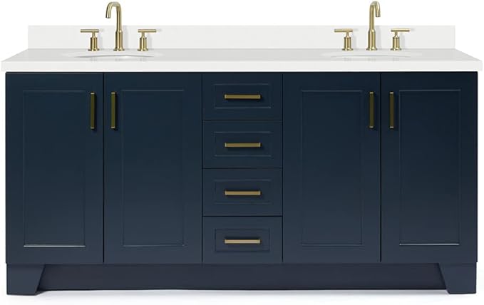 ARIEL Taylor 72-inch Bathroom Vanity with Sink,Solid Wood, 1.5-inch Pure White Quartz Countertop & Backsplash, Double Oval Porcelain Sink, 4 Soft Closing Doors, 6 Dovetail Drawers, Midnight Blue