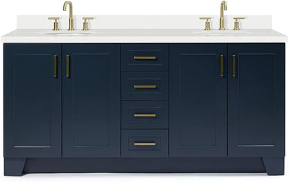 ARIEL Taylor 72-inch Bathroom Vanity with Sink,Solid Wood, 1.5-inch Pure White Quartz Countertop & Backsplash, Double Oval Porcelain Sink, 4 Soft Closing Doors, 6 Dovetail Drawers, Midnight Blue