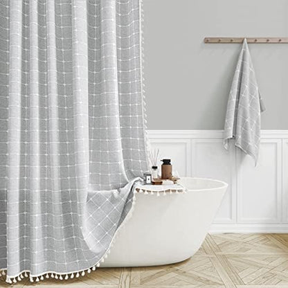 BTTN Grey Boho Farmhouse Linen Heavy Duty Shower Curtain Set, 72x72, Gray
