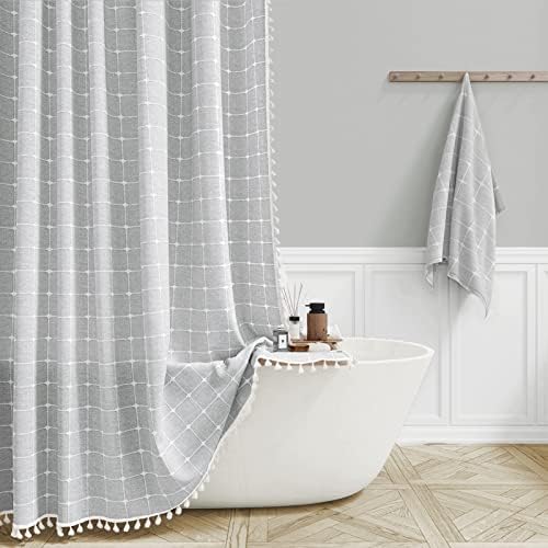 BTTN 72x90 Boho Farmhouse Linen Heavy Duty Shower Curtain Set, Gray/Grey