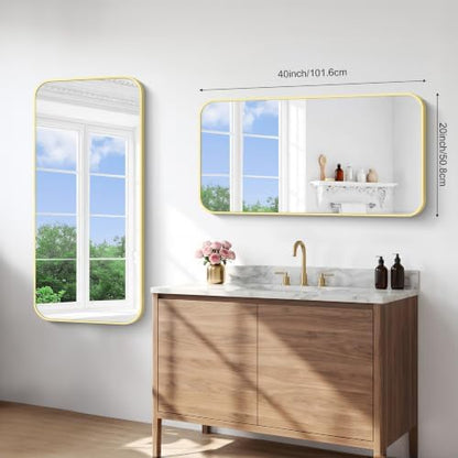 BONEWEI Gold Bathroom Mirror,20x40 inch Wall Mirror for Bathroom Wall Mounted,Round Rectangle Mirror for Bathroom Over Sink,Modern Frame for Home Decor Living Room,Bedroom Entryway,Horizontal/Vertical