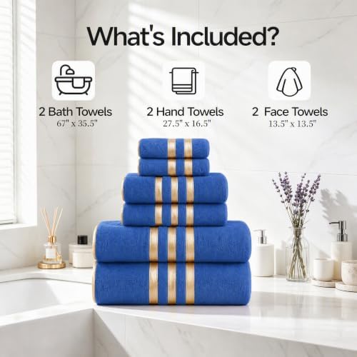 6-PCS Coral Fleece Microfiber Towel Set with Gold Stripes, Super Absorbent, Multiple Colors Available for Home, Bathroom, Hotel & Gym (6, Dark Blue)