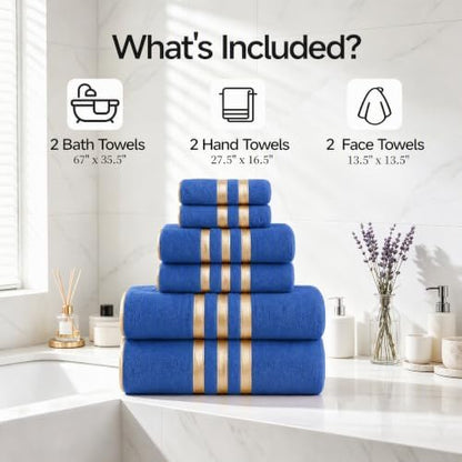 6-PCS Coral Fleece Microfiber Towel Set with Gold Stripes, Super Absorbent, Multiple Colors Available for Home, Bathroom, Hotel & Gym (6, Dark Blue)