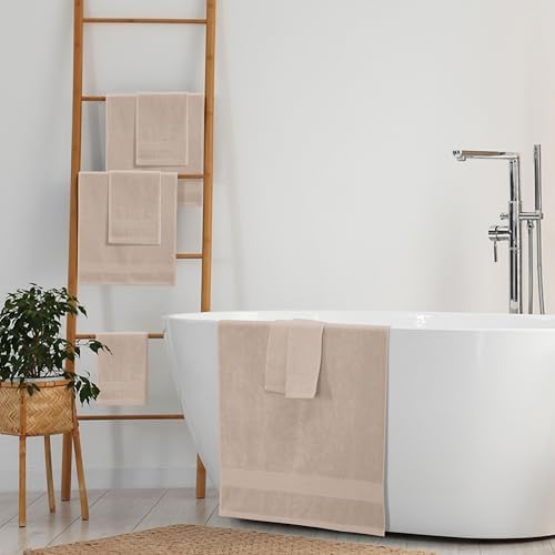 Belizzi Home 8 Piece Towel Set 100% Ring Spun Cotton, 2 Bath Towels 27x54, 2 Hand Towels 16x28 and 4 Washcloths 13x13 - Ultra Soft Highly Absorbent Machine Washable Hotel Spa Quality - Tan