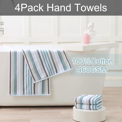 VOOVA & MOVAS Aqua Striped Hand Towels 4 Pack, 100% Cotton, 16x27 in