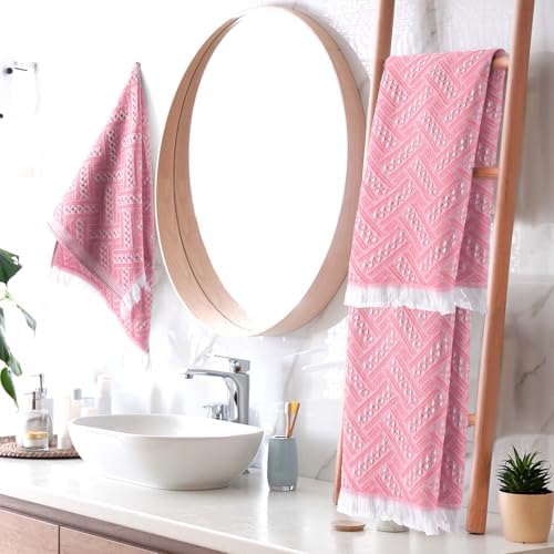 HunnmingRe 4 Pack Boho Hand Towel for Kitchen, Pink,White