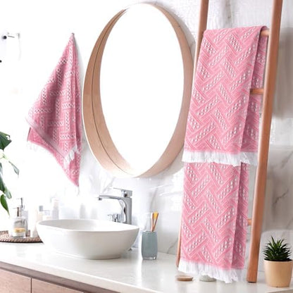 HunnmingRe 4 Pack Boho Hand Towel for Kitchen, Pink,White
