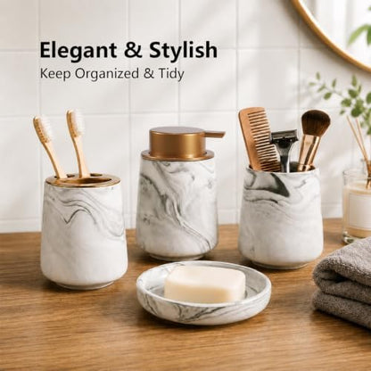 Ceramic Bathroom Accessory Set, 4 Piece Marble Bathroom Countertop Organizer Includes Soap Dispenser, Toothbrush Holder, Tumbler & Soap Dish, Elegant Modern Bath Decor