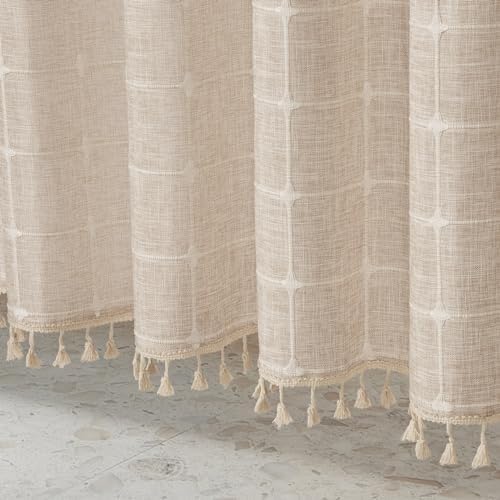 MitoVilla No Hooks Needed Boho Farmhouse Shower Curtain with Snap-in Liner, Cotton Linen Fabric Shower Curtains with Tassels for Rustic Neutral Bathroom Decor, Tan/Taupe, 72 x 74