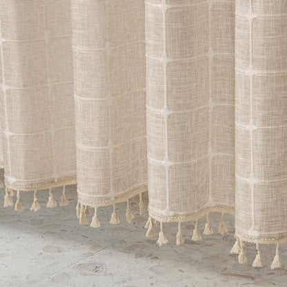 MitoVilla No Hooks Needed Boho Farmhouse Shower Curtain with Snap-in Liner, Cotton Linen Fabric Shower Curtains with Tassels for Rustic Neutral Bathroom Decor, Tan/Taupe, 72 x 74