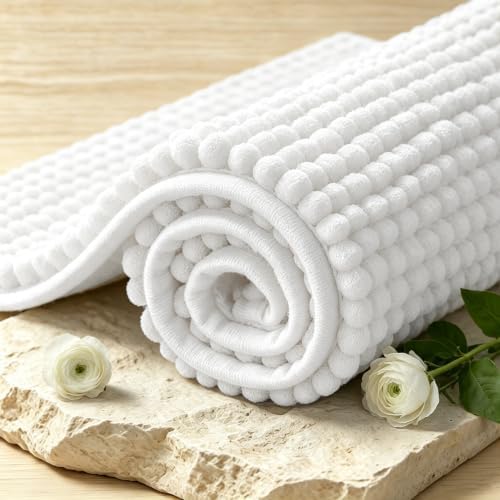 SUBRTEX Bathroom Rugs, U Shaped Chenille Bath Rug 24" x 20" Soft Short Plush Bath Mat Soft Shower Mat Water Absorbent Shower Mat Quick Dry Machine Washable, White