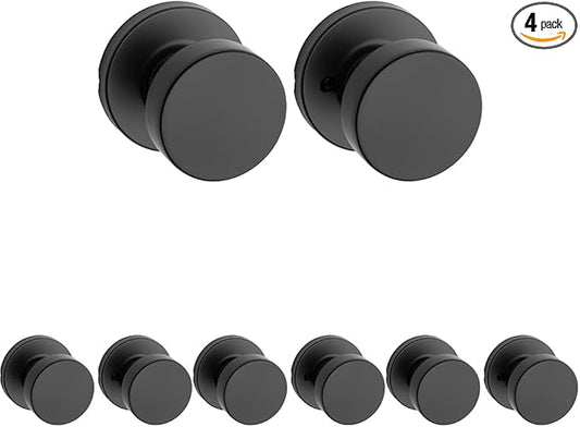 Kwikset Pismo Interior Passage Door Knob, Handle for Closet and Hallway Doors, Non-Locking Doorknob in Matte Black, with Microban Protection (Pack of 4)