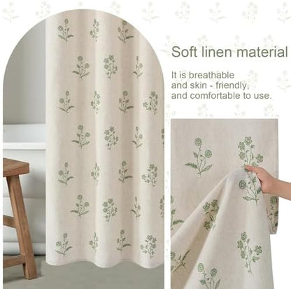 ORTIGIA Linen Shower Curtain Farmhouse Vintage Green Floral Cottage Core Shower Curtains Boho Rustic Block Print Decor for Bathroom 72 W x 72 L
