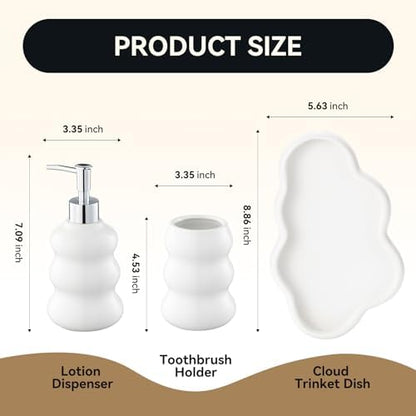 3-Piece White Ceramic Bathroom Accessories Set with Tray, Lotion Dispenser, and Tumbler for a Luxurious Bath Experience