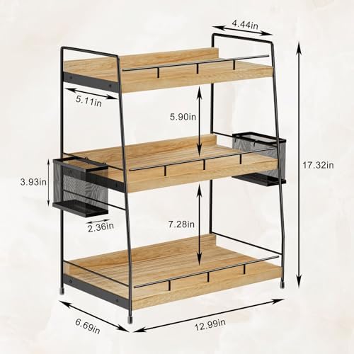Wood 3 Tier Bathroom Counter Organizer with Side Baskets Fits Tall Bottles