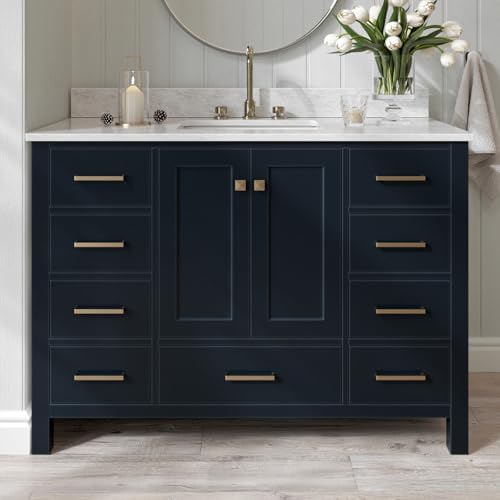 ARIEL Cambridge 48-inch Bathroom Vanity with Sink,Solid Wood, 0.75-inch Italian Carrara Marble Countertop, Single Rectangular Porcelain Sink, 2 Soft Closing Doors, 9 Dovetail Drawers, Midnight Blue