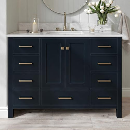 ARIEL Cambridge 48-inch Bathroom Vanity with Sink,Solid Wood, 0.75-inch Italian Carrara Marble Countertop, Single Rectangular Porcelain Sink, 2 Soft Closing Doors, 9 Dovetail Drawers, Midnight Blue