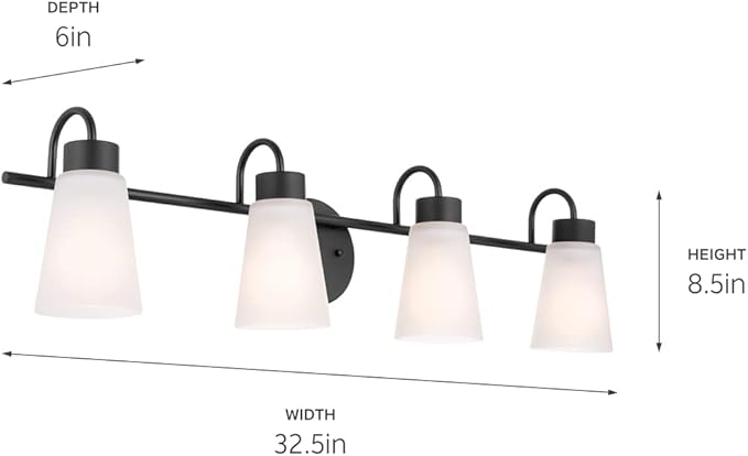 Kichler Erma 4-Light Bathroom Vanity Light Fixture with Clear Satin Etched Glass, Updated Traditional Wall Light in Black, (32.5" x 8.5")