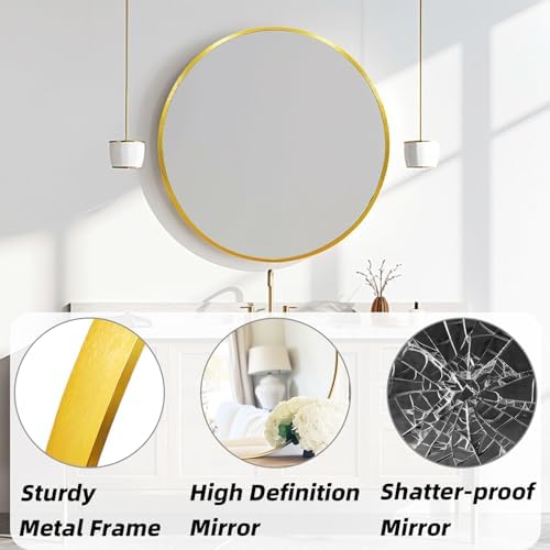 Gold Circle Mirror 24 inch, Round Mirror, Brushed Gold Metal Frame