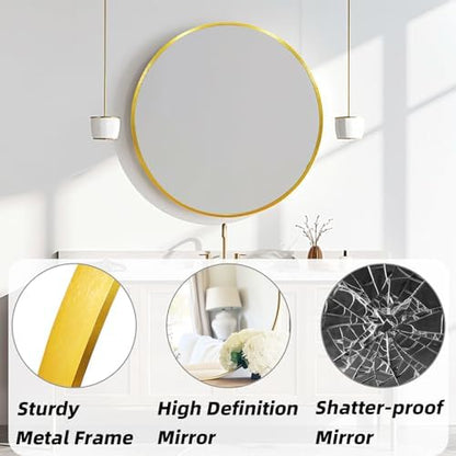 Gold Circle Mirror 24 inch, Round Mirror, Brushed Gold Metal Frame