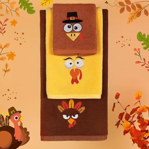 Quera 3 Pack Thanksgiving Turkey Hand Towels Embroidered Towel, Luxury Bathroom Kitchen Decor Set, Tea Towel Drying Baking Cooking Wash Cloth for Thanksgiving Fall Harvest-14×30 Inch