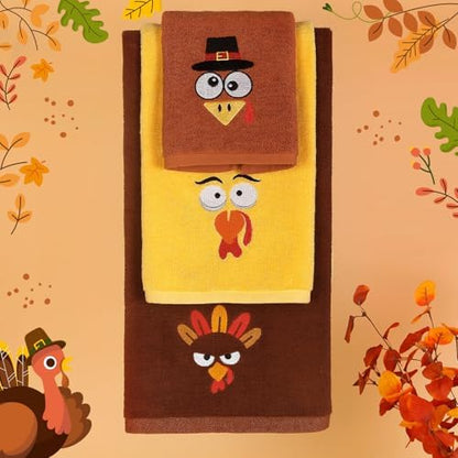 Quera 3 Pack Thanksgiving Turkey Hand Towels Embroidered Towel, Luxury Bathroom Kitchen Decor Set, Tea Towel Drying Baking Cooking Wash Cloth for Thanksgiving Fall Harvest-14×30 Inch