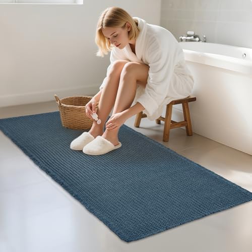 ZALL Blue Waffle Bath Mat,Super Absorbent Non Slip Bathroom Rug, 24x48inch, Machine Washable Ultra Soft Floor Mats