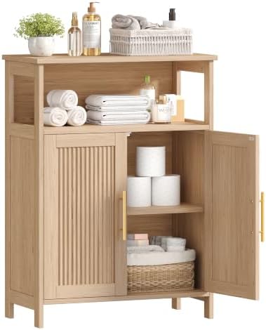 Keehusux Fluted Bathroom Storage Cabinet with 2 Doors & Shelf, Natural Oak