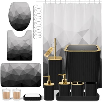XLHOMO Bathroom Accessory Set - 26PC Bathroom Shower Curtain and Rug Set, Bathroom Accessories Set, Black Bathroom Set with Trash Can, Toilet Brush, Qtip Holder & Soap Dispenser