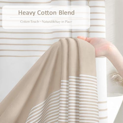 Extra Long Beige Boho Cotton Striped Shower Curtain with Tassel 72"W X 84"L