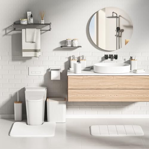 XLHOMO Bathroom Set - 25PC White Bathroom Set with Shower Curtain and Rugs, Bathroom Accessories Set, White Shower Curtain Set with Bathroom Trash Can