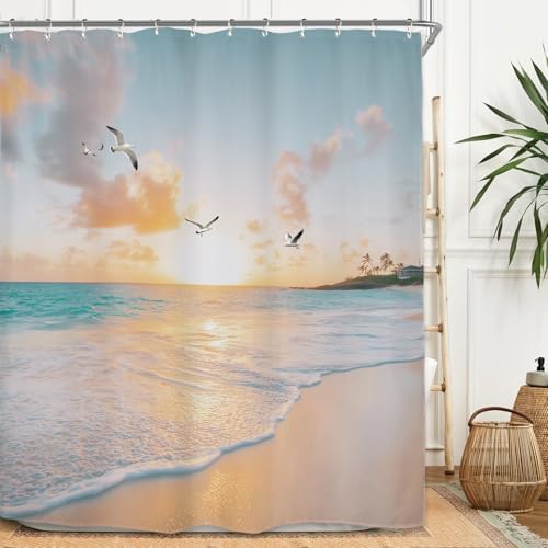 Miyotaa Beach Coastal Shower Curtain Set 60Wx71H Inches Sea Ocean Sunrise Sunset Scene Wave Seagull Hawaiian Seaside Waterproof Bathroom Curtain with 12 Hooks