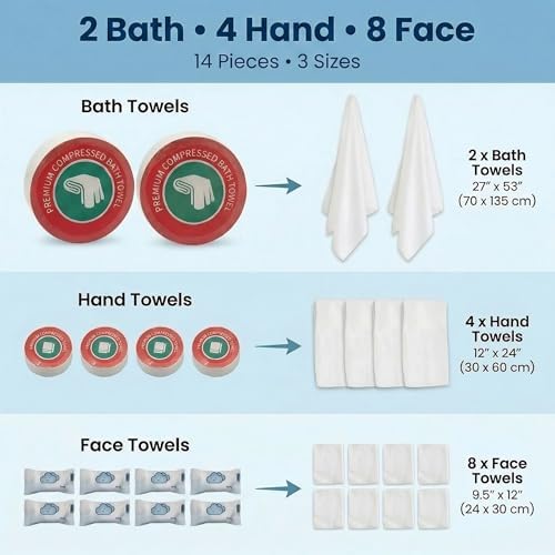 14-Pack Disposable Travel Towels, 3 Sizes, 2 Extra Large Bath Towels