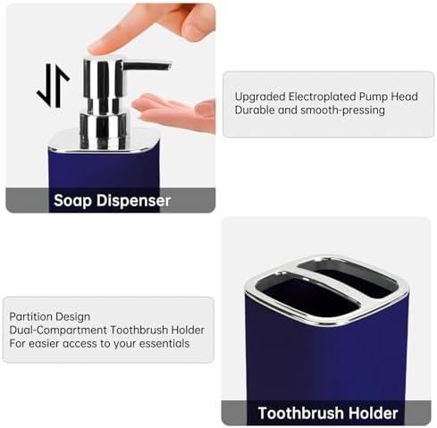 Navy Blue Bathroom Accessories, Soap Dispenser and Toothbrush Holder Set