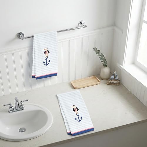 Ritz 2-Piece Cotton Velour Bathroom Hand Towel Set, Embroidered Anchor Seagull, Blue Pinstripe Coastal Towels for Lake House, Beach, Nautical Decor, 16” x 26”