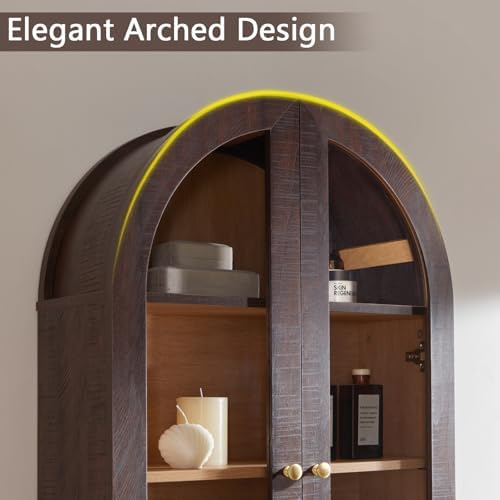 Bathroom Arched Wall Cabinet,23.5'' Wide Medicine Cabinet, Bathroom Cabinet Wall Mount W/Glass Doors & Adjustable Shelves, Over The Toilet Storage Cabinet for Laundry Room, Bedroom,Kitchen, Brown