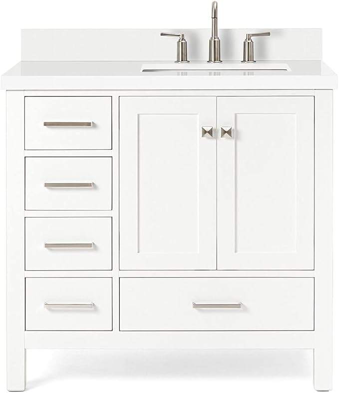 ARIEL Cambridge 36-inch Bathroom Vanity with Sink,Solid Wood, 1.5-inch Pure White Quartz Countertop & Backsplash, Single Rectangular Porcelain Sink, 2 Soft Closing Doors, 5 Dovetail Drawers, White