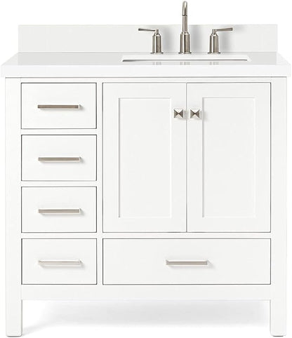 ARIEL Cambridge 36-inch Bathroom Vanity with Sink,Solid Wood, 1.5-inch Pure White Quartz Countertop & Backsplash, Single Rectangular Porcelain Sink, 2 Soft Closing Doors, 5 Dovetail Drawers, White