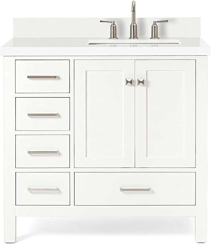 ARIEL Cambridge 36-inch Bathroom Vanity with Sink,Solid Wood, 1.5-inch Pure White Quartz Countertop & Backsplash, Single Rectangular Porcelain Sink, 2 Soft Closing Doors, 5 Dovetail Drawers, White