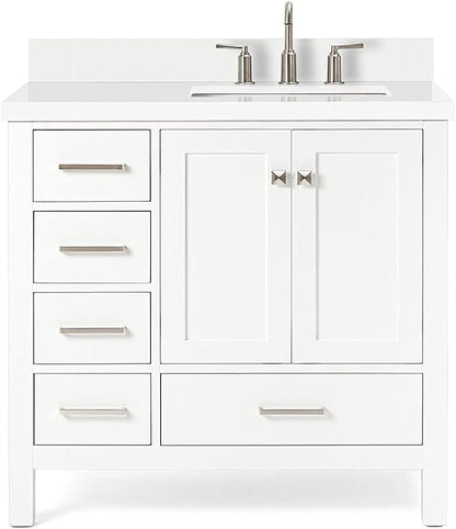ARIEL Cambridge 36-inch Bathroom Vanity with Sink,Solid Wood, 1.5-inch Pure White Quartz Countertop & Backsplash, Single Rectangular Porcelain Sink, 2 Soft Closing Doors, 5 Dovetail Drawers, White