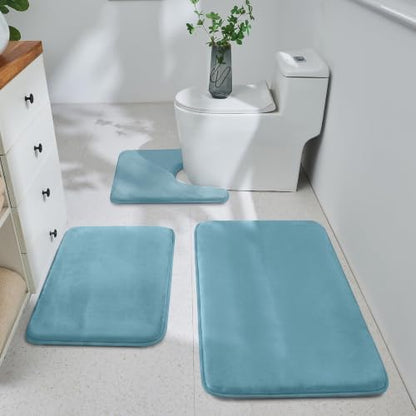 HUXMEYSON 3-Piece Memory Foam Bathroom Rug Set, Lake Blue