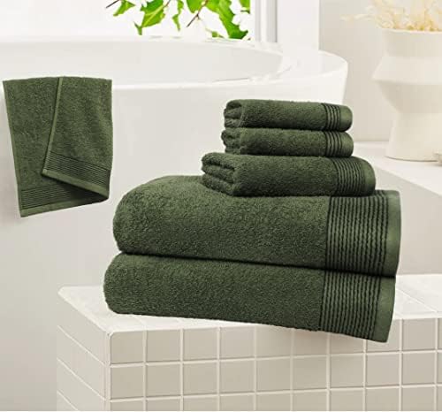 Belizzi Home 100% Cotton Ultra Soft 6 Pack Towel Set, Contains 2 Bath Towels 28x55 inchs, 2 Hand Towels 16x24 inchs & 2 Washcloths 12x12 inchs, Compact Lightweight & Highly Absorbant - Olive Green