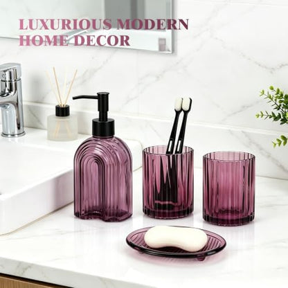 Bathroom Accessories Set, 4Pcs Glass Bathroom Accessories Set Complete, 11.6OZ Lotion Soap Dispenser, Toothbrush Holder, Mouthwash Cup, Soap Dish for Bathroom Decor, Countertop Organizer (Purple)