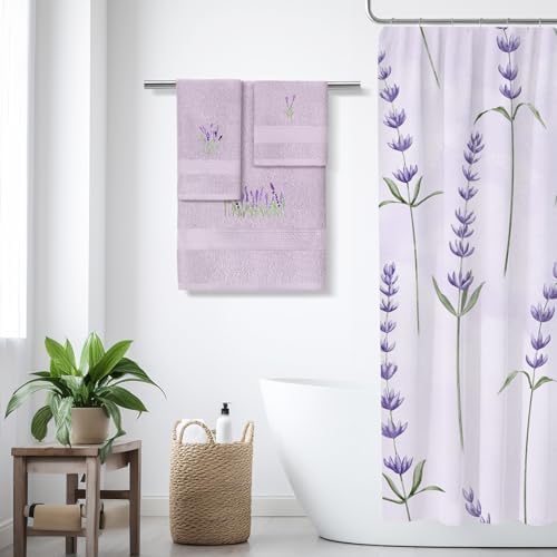 3 Pcs Lavender Floral Bathroom Towel Set Farmhouse Embroidered