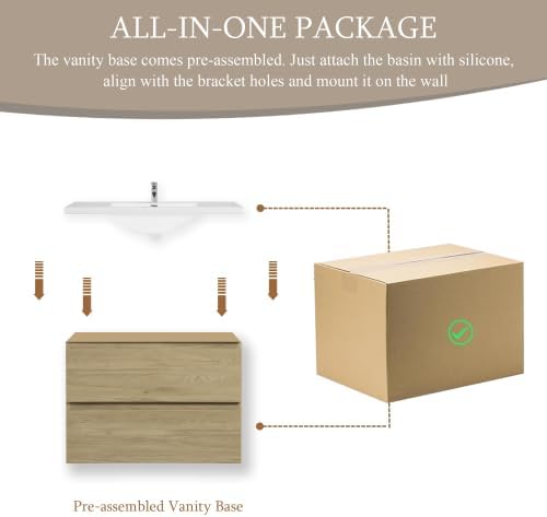 KEIKI 30'' Wall-Mounted Bathroom Vanity with Sink - Floating Design, 2 Soft-Close Drawers & Resin Basin, Space-Saving for Small Bathrooms, Natural Oak