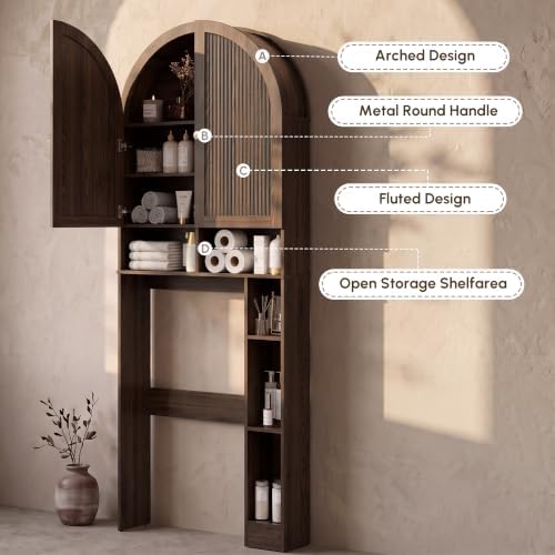 HMstone Over The Toilet Storage Cabinet, Arched Bathroom Organizer and Storage with Doors and Adjustable Shelf, Space-Saving Freestanding Bathroom Modern Storage Cabinet Over Toilet (Walnut)