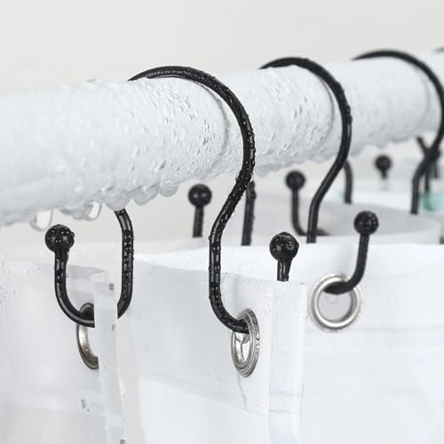 Goowin Shower Curtain Hooks, 12 Pcs Shower Curtain Rings, Stainless Steel Shower Curtain Hangers, Black Shower Curtain Hooks Rings Rust Proof, Minimalist Shower Hooks for Shower Curtain, Black
