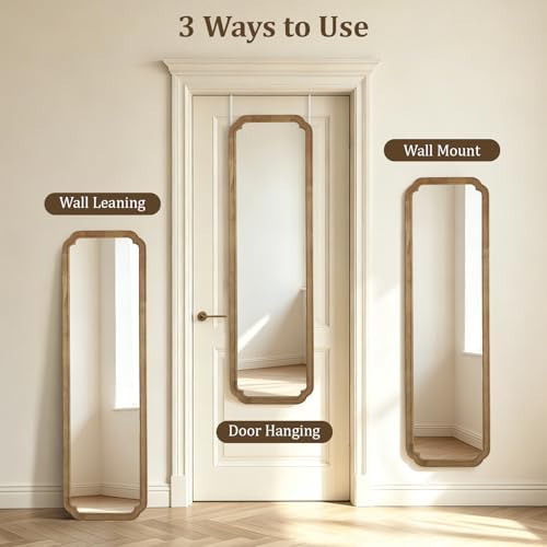 WallBeyond 48" x 14" Full Length Door Mirror with Rustic Rounded Corner Wood Frame, Over the Door Hanging Mirror for Bedroom, Closet, Dressing Area and Entryway, Natural