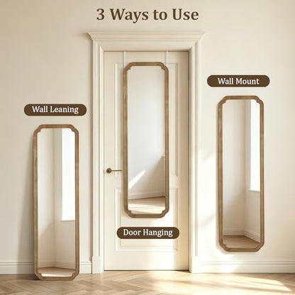 WallBeyond 48" x 14" Full Length Door Mirror with Rustic Rounded Corner Wood Frame, Over the Door Hanging Mirror for Bedroom, Closet, Dressing Area and Entryway, Natural
