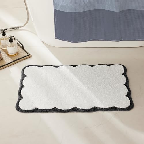Ohocut Luxury Microfiber Bathroom Rugs, White Bath Rug with Black Grey Scalloped Piping Cute Aesthetic Preppy Bath Mat for Bathroom, Tub, Floor Carpet, Sink, Shower, Anti Slip, Absorbent, 26x16